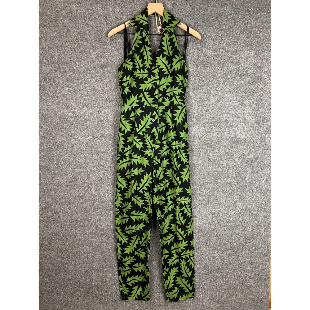 Vintage Cathy Hardwick Women Green Black Leaf Print Sleeveless Jumpsuit Linen‎ 4